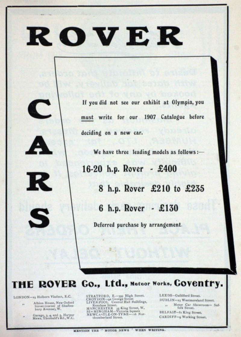 Werbung für Rover 6hp, 8hp und 16-20hp, 1906