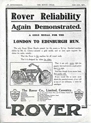 Advert for Rover 3.5hp Motorcycle, 1911