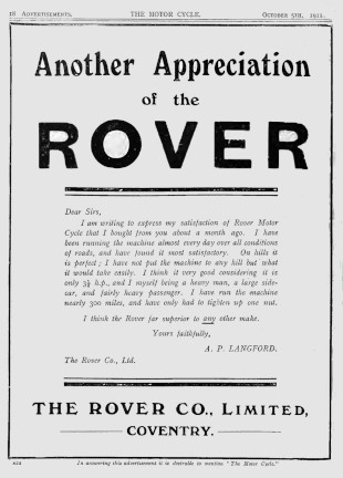 Advert for Rover Motorcycle, 1911