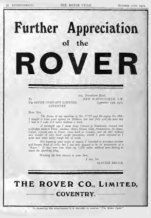 Advert for Rover Motorcycle 3.5hp, 1911