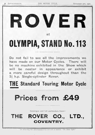 Advert for Rover Motorcycle 3.5hp, 1911