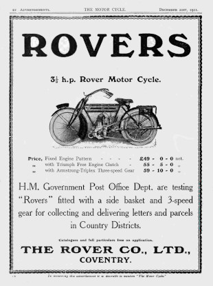 Advert for Rover Motorcycle 3.5hp, 1911