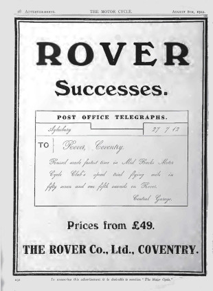 Advert for Rover Motorcycle 3.5hp, 1912