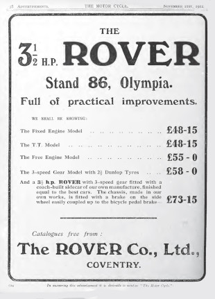 Advert for Rover Motorcycle 3.5hp, 1912
