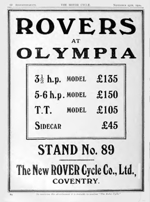 Advert for Rover Motorcycle 3.5hp, 1920