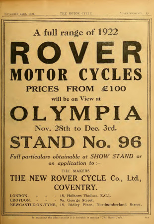 Advert for Rover Motorcycle 3.5hp, 1921